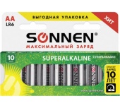 Батарейки SONNEN Alkaline, АА (LR06, 15А), алкалиновые,пальчиковые , КОМПЛЕКТ 10 шт., в коробке
